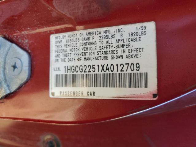 1HGCG2251XA012709 - 1999 HONDA ACCORD EX RED photo 12