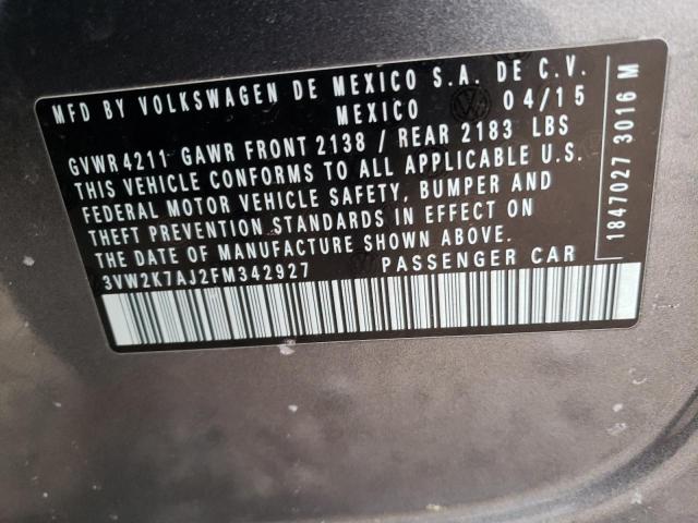3VW2K7AJ2FM342927 - 2015 VOLKSWAGEN JETTA BASE 灰色 照片 12