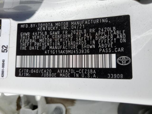 4T1G11AK9MU453836 - 2021 TOYOTA CAMRY SE WHITE photo 12