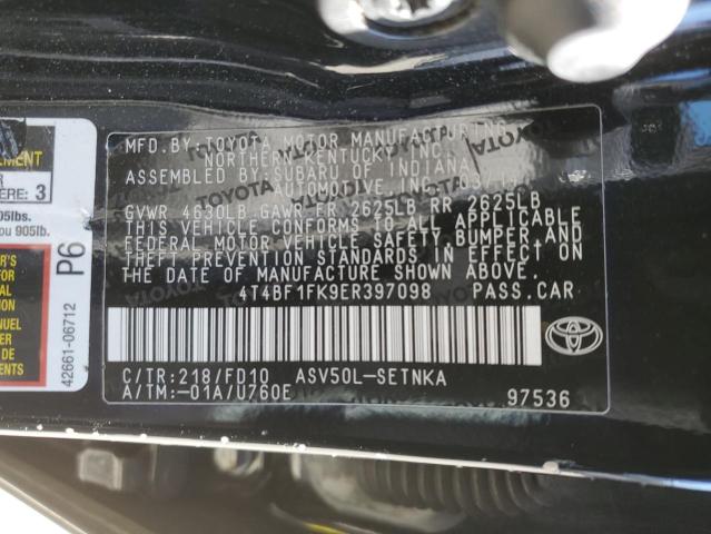 4T4BF1FK9ER397098 - 2014 TOYOTA CAMRY L BLACK photo 12