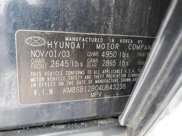 KM8SB12B04U643238 - 2004 HYUNDAI SANTA FE GL BLUE photo 13