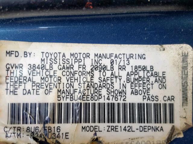5YFBU4EE8DP147672 - 2013 TOYOTA COROLLA BASE  صورة 10