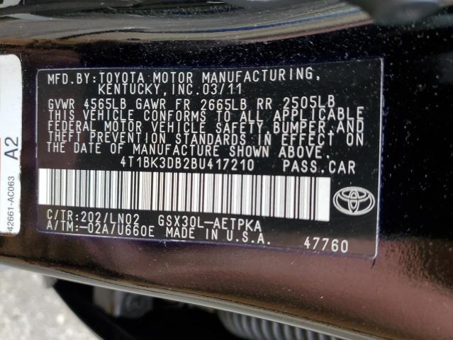 4T1BK3DB2BU417210 - 2011 TOYOTA AVALON BASE BLACK photo 12