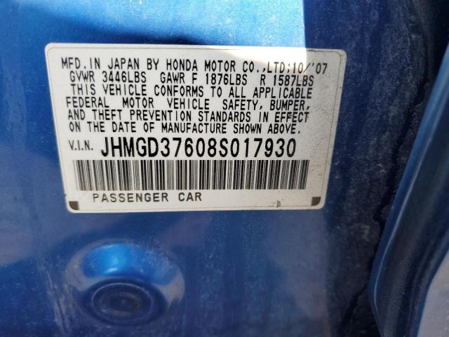 JHMGD37608S017930 - 2008 HONDA FIT SPORT BLUE photo 12