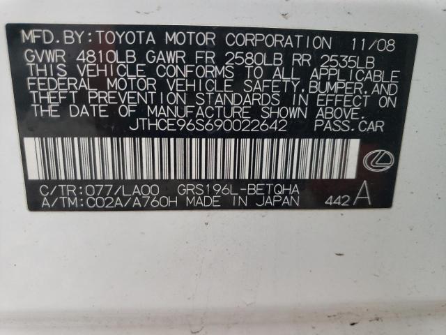 JTHCE96S690022642 - 2009 LEXUS GS 350 WHITE photo 12