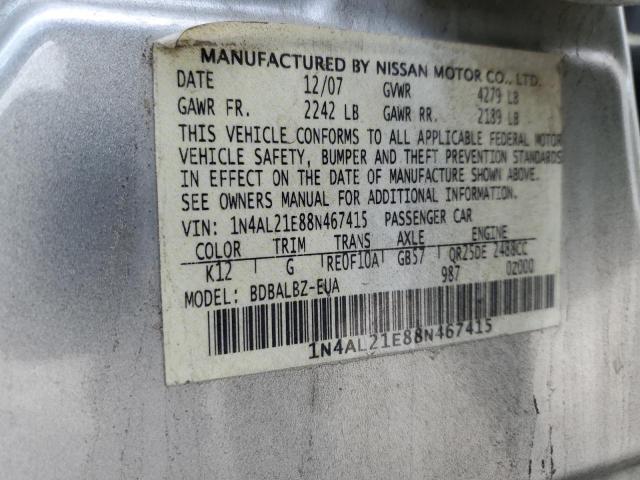 1N4AL21E88N467415 - 2008 NISSAN ALTIMA 2.5 SILVER photo 12