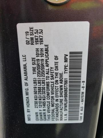 5FNRL6H98KB077661 - 2019 HONDA ODYSSEY ELITE Gris foto 12