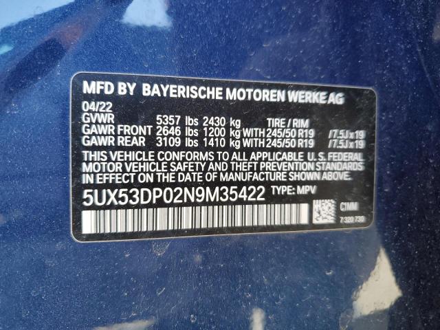 5UX53DP02N9M35422 - 2022 BMW X3 XDRIVE30I BLUE photo 12