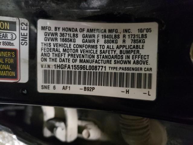 1HGFA15596L008771 - 2006 HONDA CIVIC LX BLACK photo 12