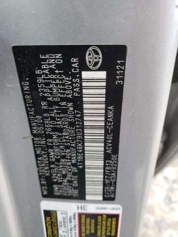 4T1BE46K79U312747 - 2009 TOYOTA CAMRY BASE SILVER photo 12