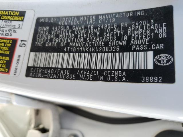 4T1B11HK4KU208326 - 2019 TOYOTA CAMRY L WHITE photo 12