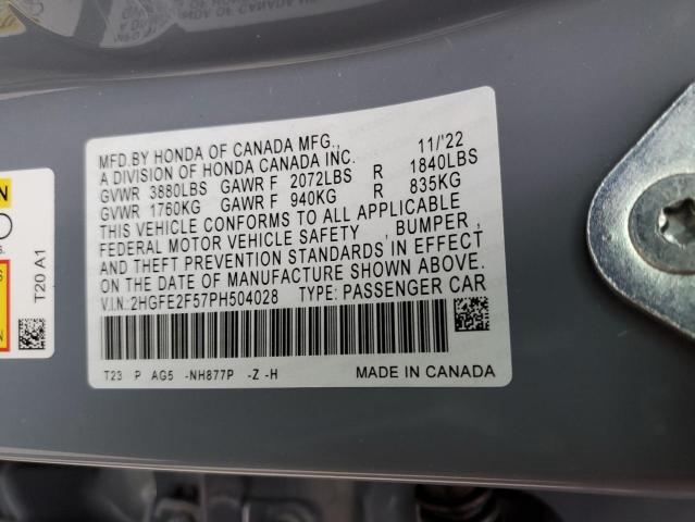 2HGFE2F57PH504028 - 2023 HONDA CIVIC SPORT GRAY photo 12