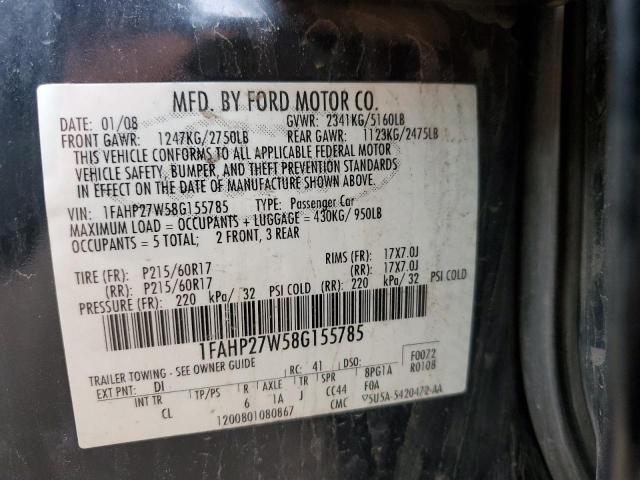 1FAHP27W58G155785 - 2008 FORD TAURUS SEL BLUE photo 13