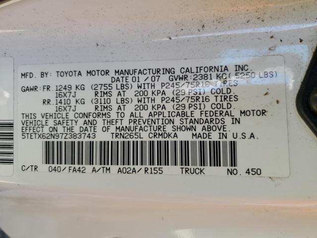 5TETX62N97Z383743 - 2007 TOYOTA TACOMA PRERUNNER ACCESS CAB WHITE photo 12