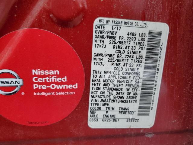 JN8AT2MT3HW391878 - 2017 NISSAN ROGUE S RED photo 12