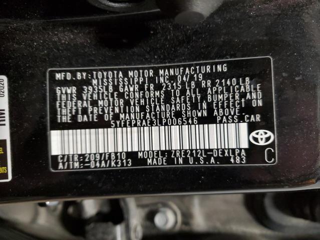 5YFEPRAE3LP006546 - 2020 TOYOTA COROLLA LE BLACK photo 12