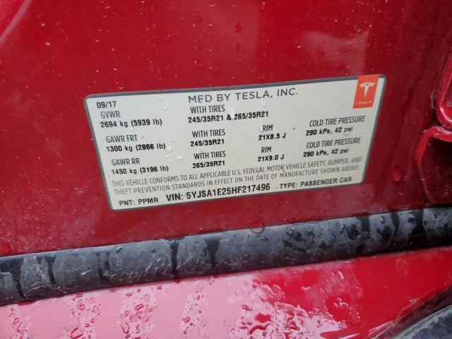 5YJSA1E25HF217496 - 2017 TESLA MODEL S Qırmızı foto 13