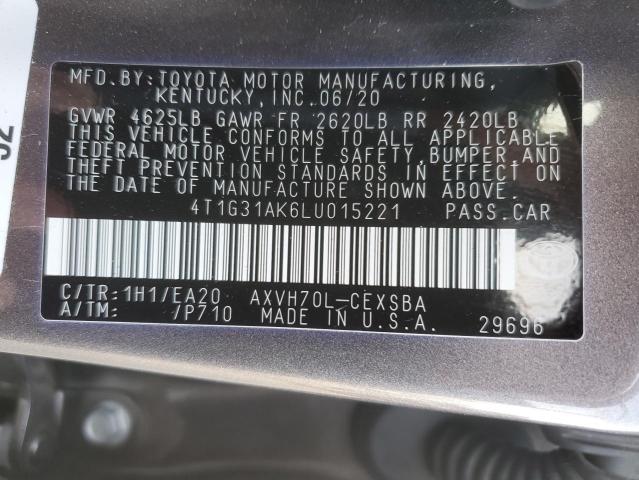 4T1G31AK6LU015221 - 2020 TOYOTA CAMRY SE GRAY photo 12