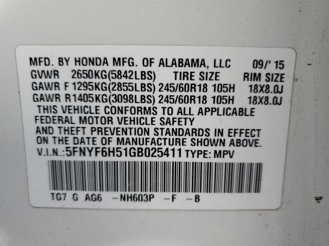 5FNYF6H51GB025411 - 2016 HONDA PILOT EXL WHITE photo 12