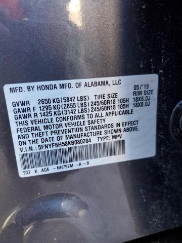 5FNYF6H58KB080284 - 2019 HONDA PILOT EXL GRAY photo 13