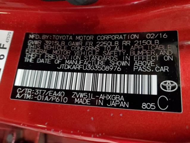 JTDKARFU3G3508976 - 2016 TOYOTA PRIUS RED photo 12