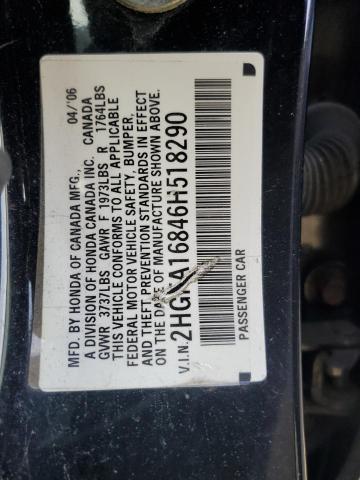 2HGFA16846H518290 - 2006 HONDA CIVIC EX BLACK photo 12