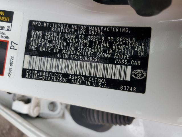 4T1BF1FK2EU830397 - 2014 TOYOTA CAMRY L WHITE photo 12