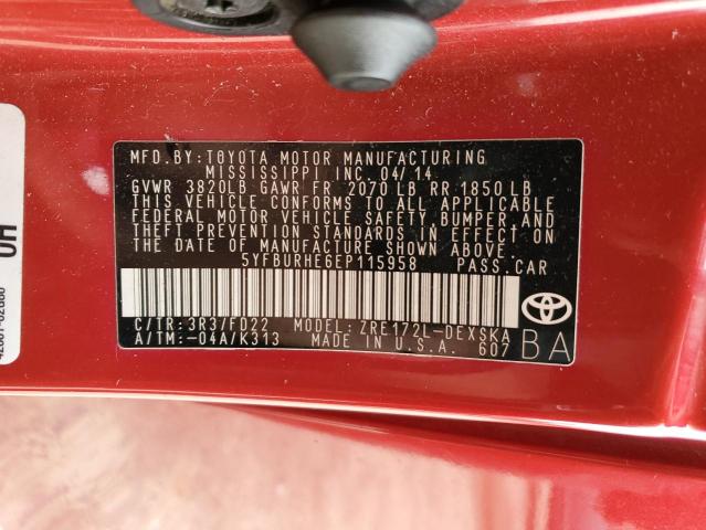 5YFBURHE6EP115958 - 2014 TOYOTA COROLLA L RED photo 12