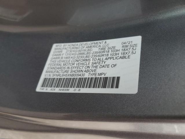 5FNRL6H5XNB009430 - 2022 HONDA ODYSSEY EX SILVER photo 12