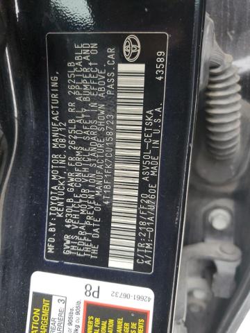 4T1BF1FK7CU158723 - 2012 TOYOTA CAMRY BASE BLACK photo 13