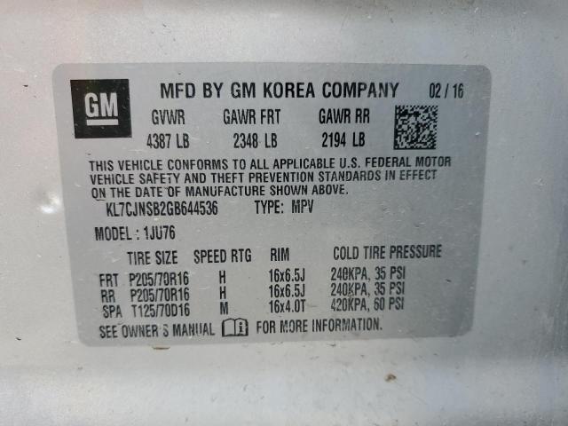 KL7CJNSB2GB644536 - 2016 CHEVROLET TRAX LS SILVER photo 12