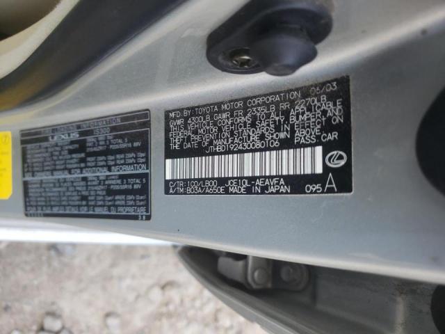 JTHBD192430080106 - 2003 LEXUS IS 300 SILVER photo 10