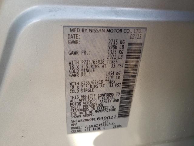 5N1AR2MN0FC649022 - 2015 NISSAN PATHFINDER S 银色 照片 13