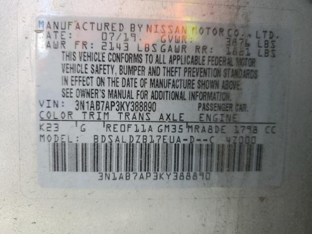 3N1AB7AP3KY388890 - 2019 NISSAN SENTRA S SILVER photo 12