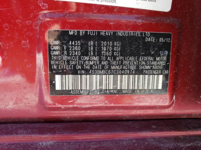 4S3BMBC67C3040474 - 2012 SUBARU LEGACY 2.5I PREMIUM RED photo 12