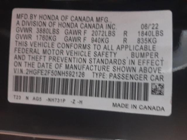 2HGFE2F50NH592126 - 2022 HONDA CIVIC SPORT 黑色 照片 12