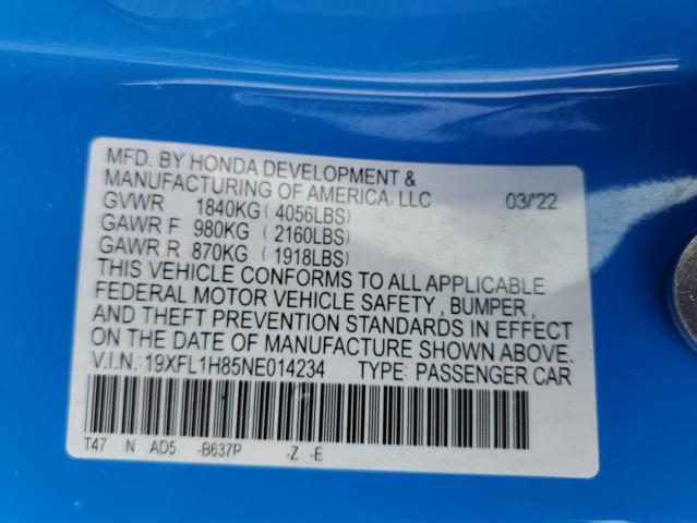 19XFL1H85NE014234 - 2022 HONDA CIVIC SPORT TOURING BLUE photo 12