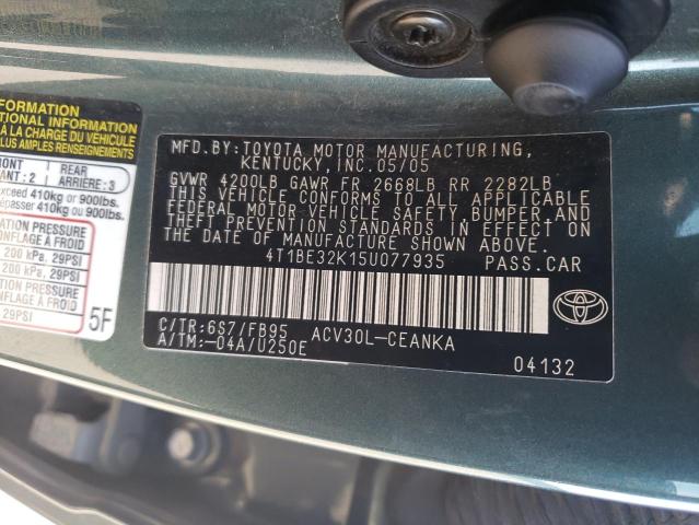 4T1BE32K15U077935 - 2005 TOYOTA CAMRY LE GREEN photo 12