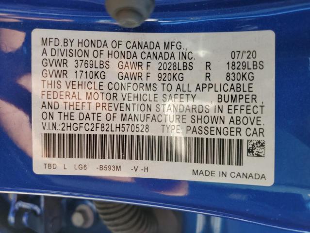 2HGFC2F82LH570528 - 2020 HONDA CIVIC SPORT 蓝色 照片 12