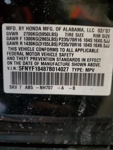 5FNYF18487B014027 - 2007 HONDA PILOT EX BLACK photo 13