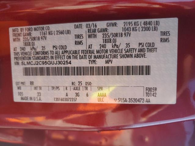 5LMCJ2C95GUJ30254 - 2016 LINCOLN MKC SELECT 勃艮第红 照片 14