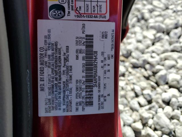 3FAHP0HAXBR296438 - 2011 FORD FUSION SE RED photo 12