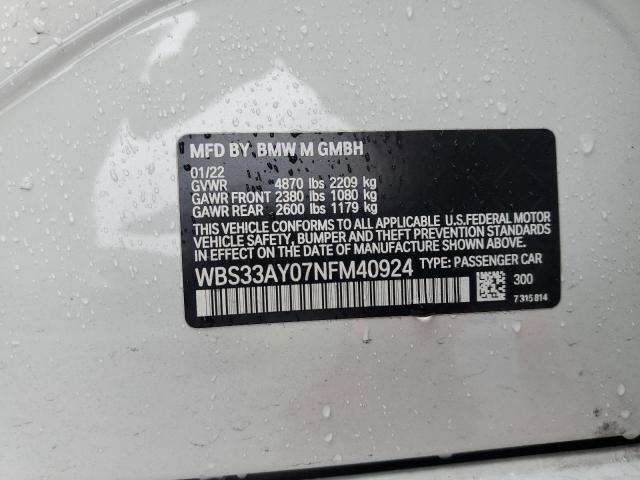 WBS33AY07NFM40924 - 2022 BMW M3 COMPETITION WHITE photo 12