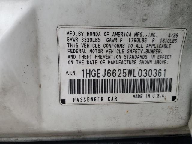 1HGEJ6625WL030361 - 1998 HONDA CIVIC DX WHITE photo 12