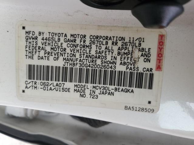 JTHBF30G420026043 - 2002 LEXUS ES 300 WHITE photo 12