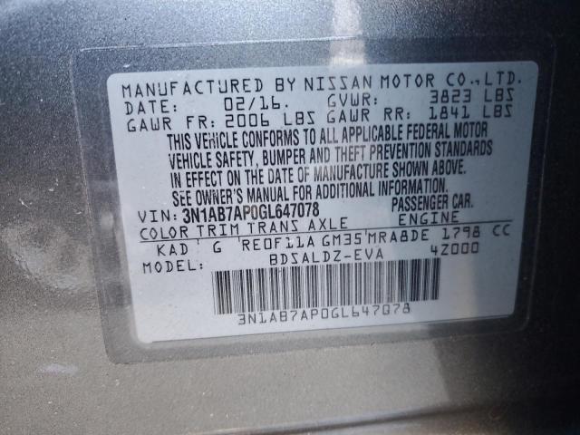 3N1AB7AP0GL647078 - 2016 NISSAN SENTRA S SILVER photo 12