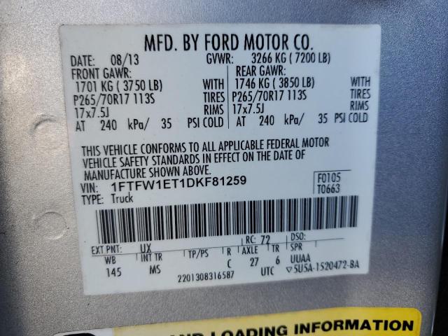 1FTFW1ET1DKF81259 - 2013 FORD F150 SUPERCREW SILVER photo 12