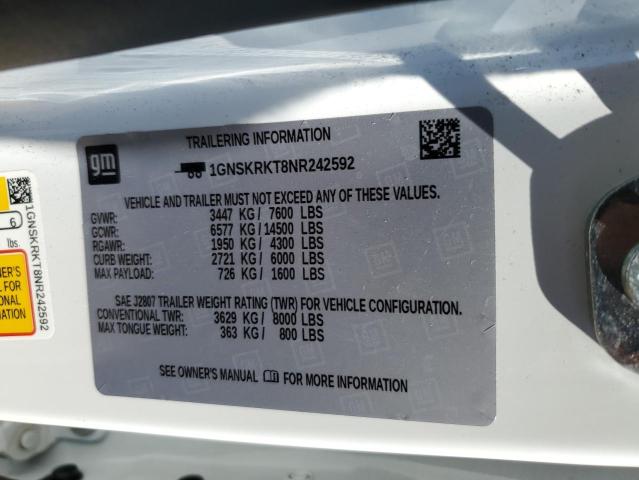 1GNSKRKT8NR242592 - 2022 CHEVROLET TAHOE K1500 RST WHITE photo 14