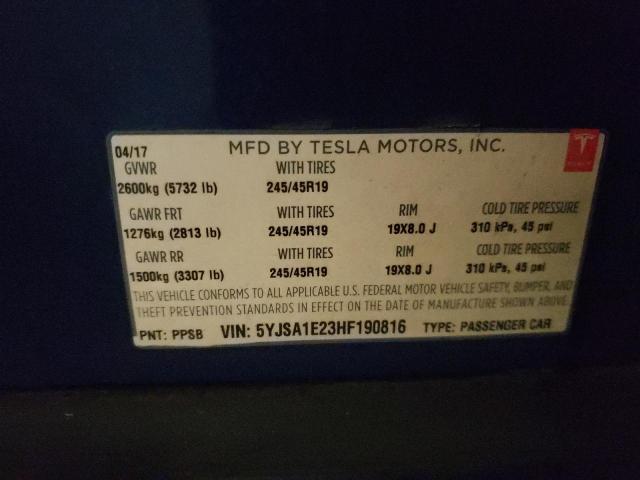 5YJSA1E23HF190816 - 2017 TESLA MODEL S BLUE photo 13
