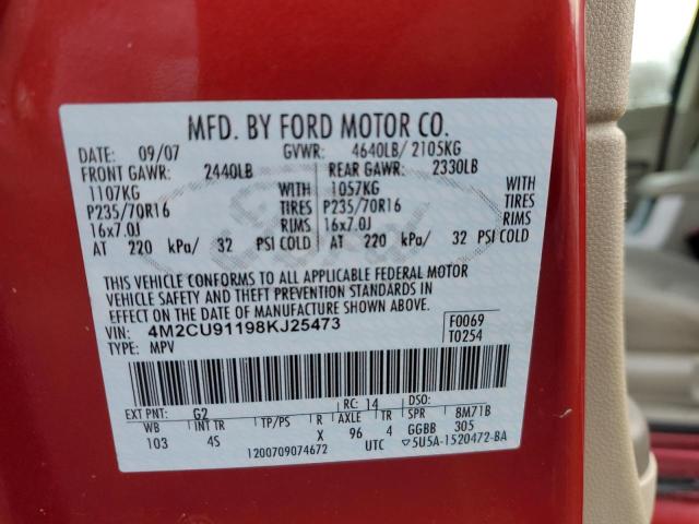 4M2CU91198KJ25473 - 2008 MERCURY MARINER RED photo 12